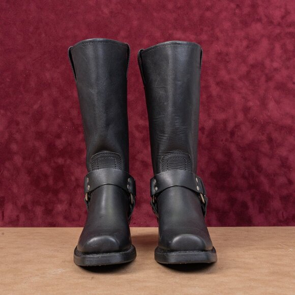 Frye Women Harness 12R Black Moto Biker Leather Mid Calf Boots 7M - Picture 3 of 9